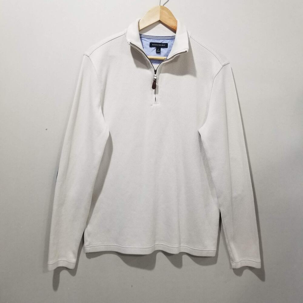 Banana Republic Sweater Mens Small White 1/4 Zip Mock Neck Elbow Patch Cotton